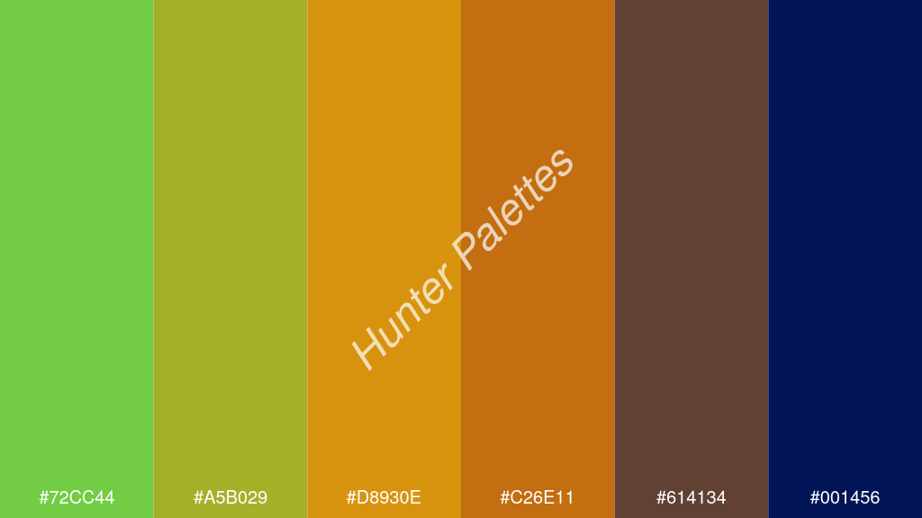mandarin szín palettája a következőkkel: #72cc44 #a5b029 #d8930e #c26e11 #614134 #001456