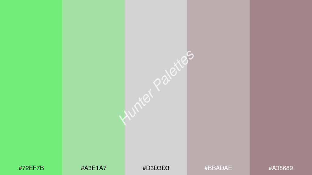 világos szürke szín palettája a következőkkel: #72ef7b #a3e1a7 #d3d3d3 #bbadae #a38689