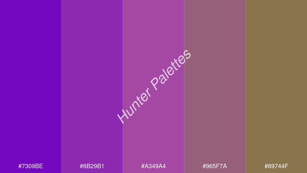 lila szín palettája a következőkkel: #7309be #8b29b1 #a349a4 #965f7a #89744f