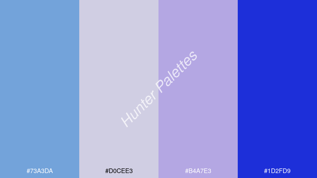halvány rózsaszín szín palettája a következőkkel: #73a3da #d0cee3 #b4a7e3 #1d2fd9