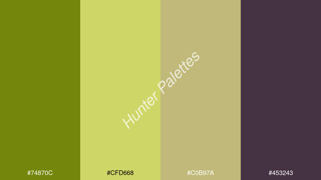pasztell sárga szín palettája a következőkkel: #74870c #cfd668 #c0b97a #453243