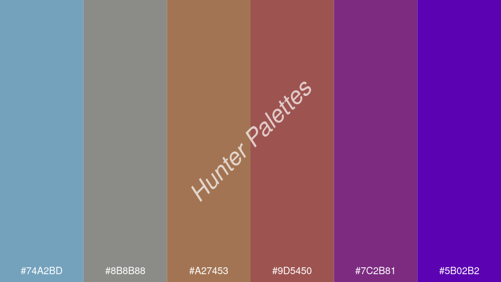 karamell szín palettája a következőkkel: #74a2bd #8b8b88 #a27453 #9d5450 #7c2b81 #5b02b2