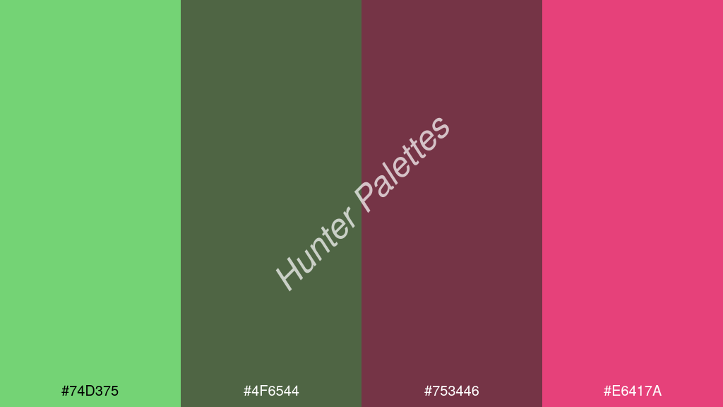 wenge szín palettája a következőkkel: #74d375 #4f6544 #753446 #e6417a