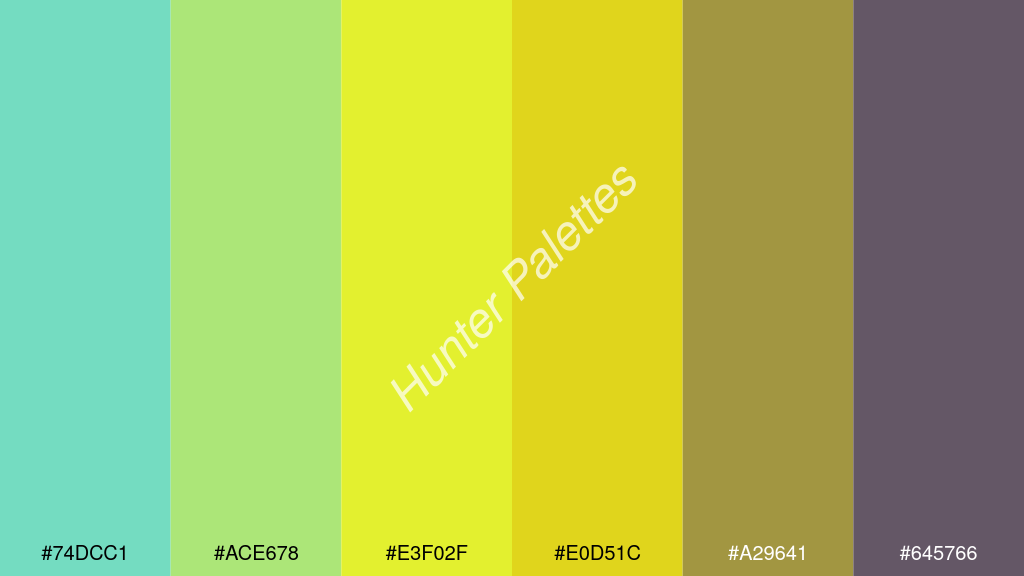 neon sárga szín palettája a következőkkel: #74dcc1 #ace678 #e3f02f #e0d51c #a29641 #645766