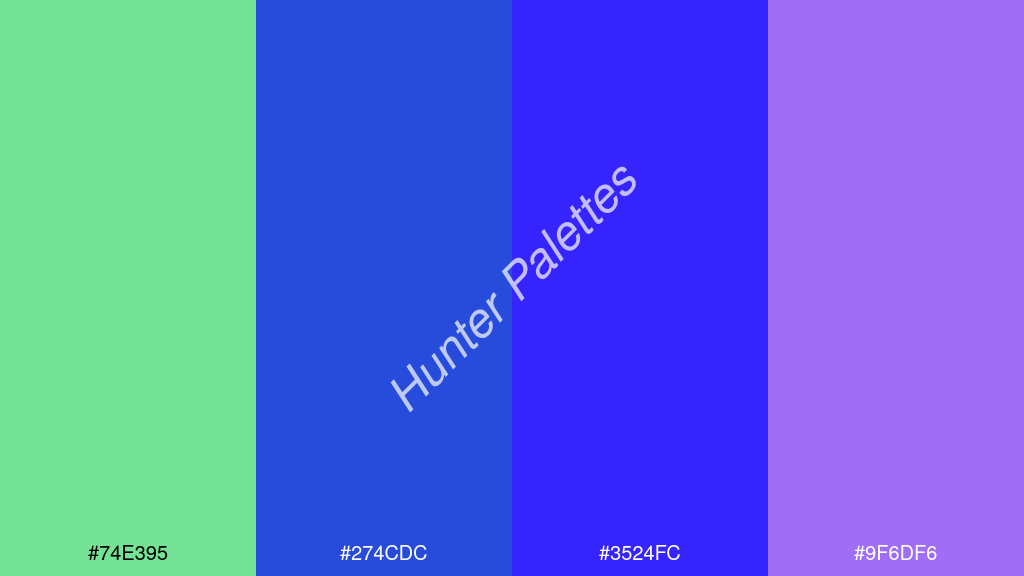 kék szín palettája a következőkkel: #74e395 #274cdc #3524fc #9f6df6