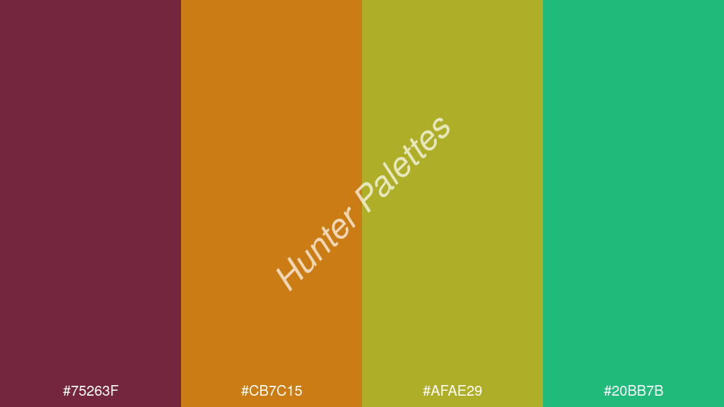 mustársárga szín palettája a következőkkel: #75263f #cb7c15 #afae29 #20bb7b
