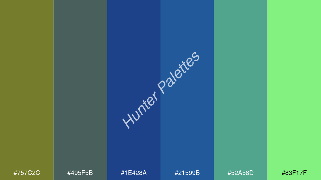 királykék szín palettája a következőkkel: #757c2c #495f5b #1e428a #21599b #52a58d #83f17f