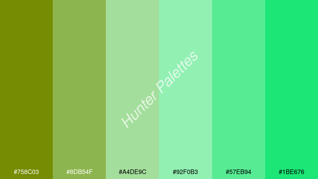 pasztellzöld szín palettája a következőkkel: #758c03 #8db54f #a4de9c #92f0b3 #57eb94 #1be676