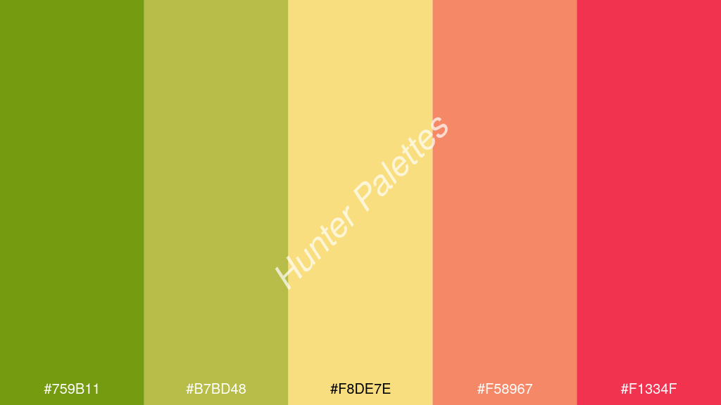 jázmin szín palettája a következőkkel: #759b11 #b7bd48 #f8de7e #f58967 #f1334f