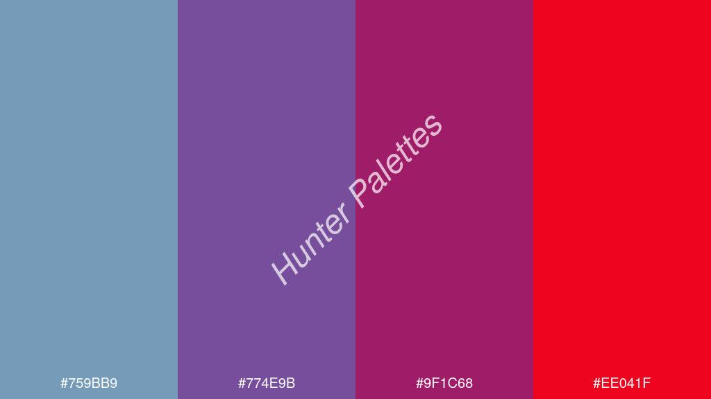 ibolya szín palettája a következőkkel: #759bb9 #774e9b #9f1c68 #ee041f