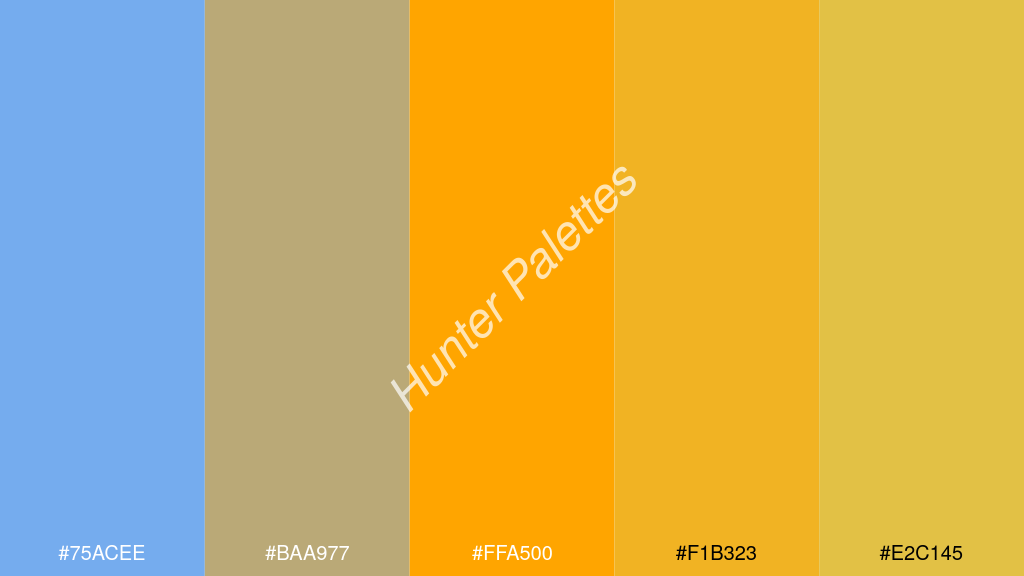 narancssárga szín palettája a következőkkel: #75acee #baa977 #ffa500 #f1b323 #e2c145