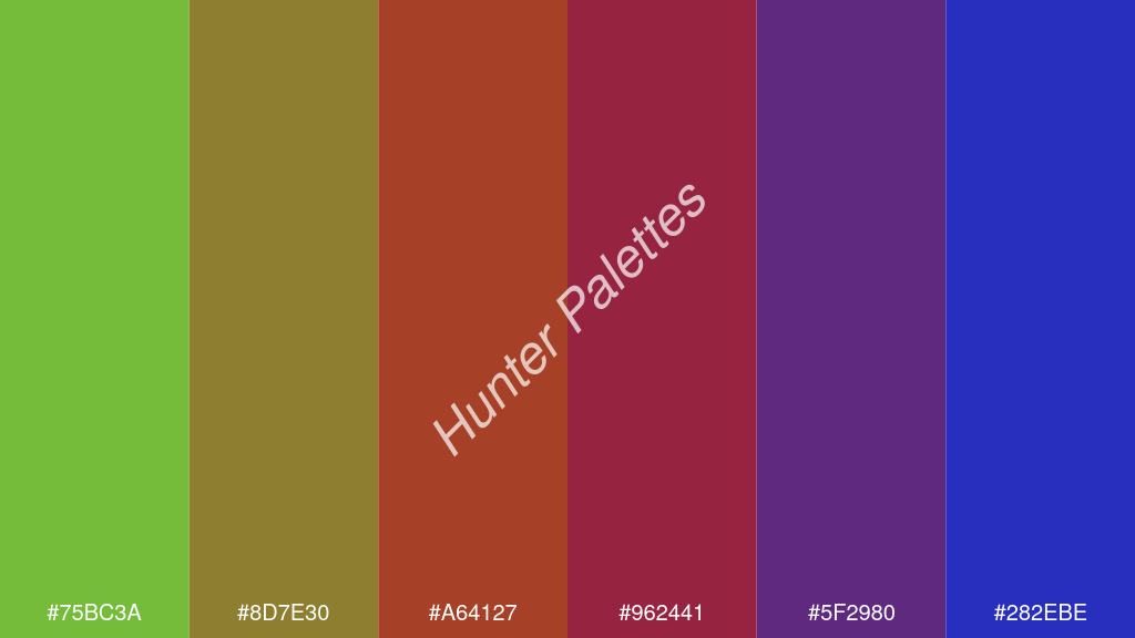 tégla szín palettája a következőkkel: #75bc3a #8d7e30 #a64127 #962441 #5f2980 #282ebe