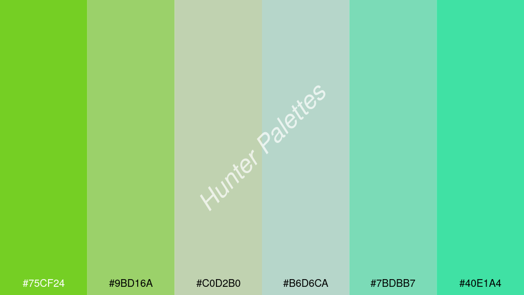 világos szürke szín palettája a következőkkel: #75cf24 #9bd16a #c0d2b0 #b6d6ca #7bdbb7 #40e1a4