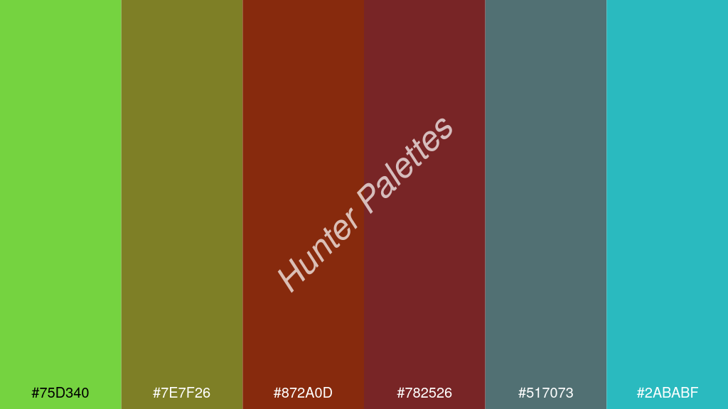 sötétvörös szín palettája a következőkkel: #75d340 #7e7f26 #872a0d #782526 #517073 #2ababf