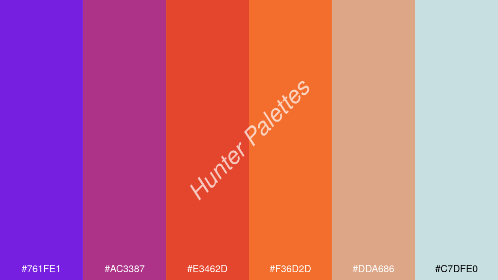 Pantone narancs szín palettája a következőkkel: #761fe1 #ac3387 #e3462d #f36d2d #dda686 #c7dfe0