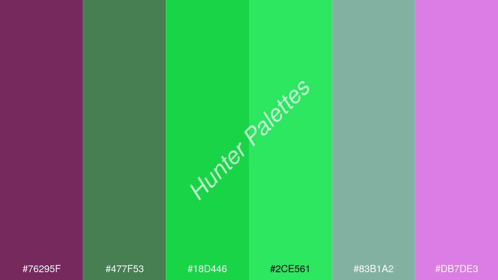 fluoreszkáló zöld szín palettája a következőkkel: #76295f #477f53 #18d446 #2ce561 #83b1a2 #db7de3