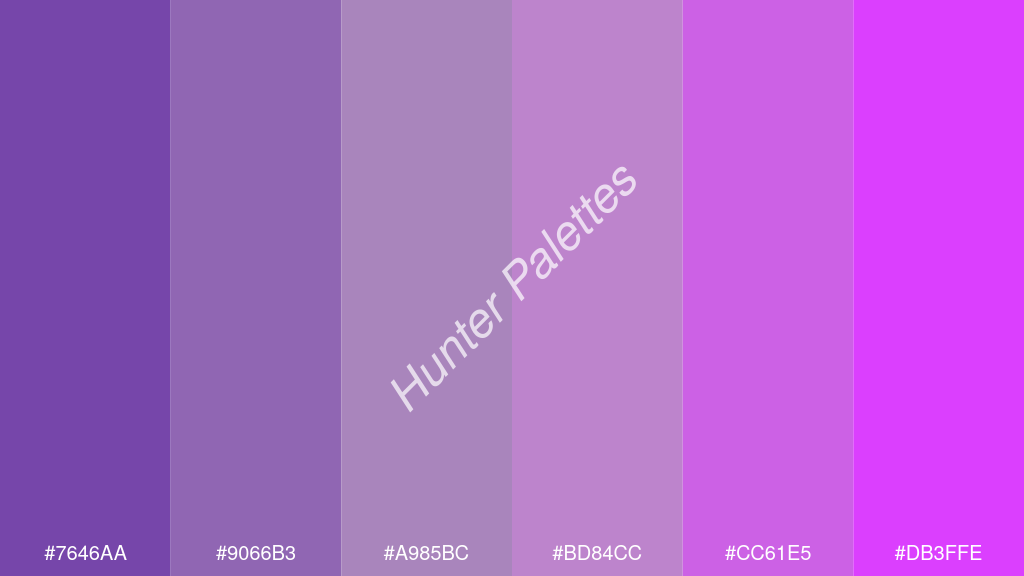 orgona szín palettája a következőkkel: #7646aa #9066b3 #a985bc #bd84cc #cc61e5 #db3ffe