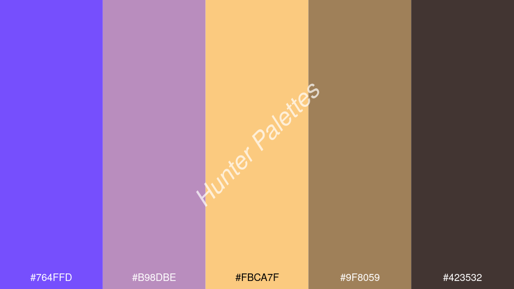 dinnye szín palettája a következőkkel: #764ffd #b98dbe #fbca7f #9f8059 #423532