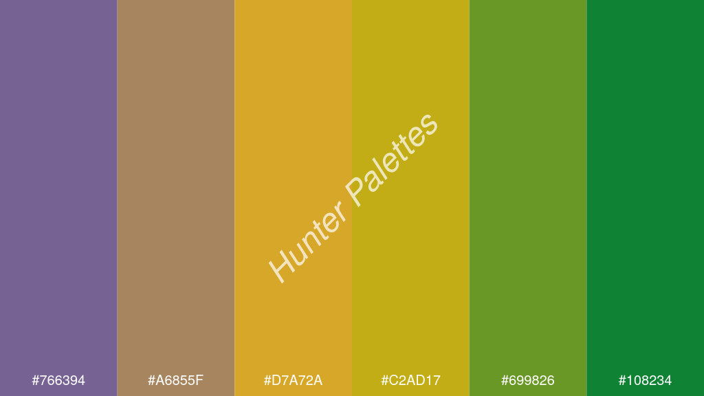 arany szín palettája a következőkkel: #766394 #a6855f #d7a72a #c2ad17 #699826 #108234