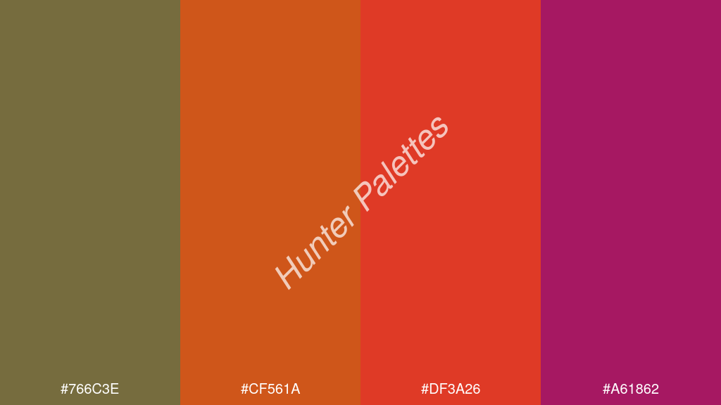 fluoreszkáló narancs szín palettája a következőkkel: #766c3e #cf561a #df3a26 #a61862
