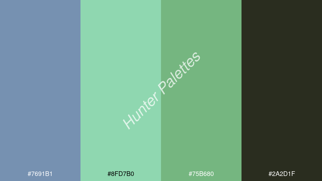 menta szín palettája a következőkkel: #7691b1 #8fd7b0 #75b680 #2a2d1f