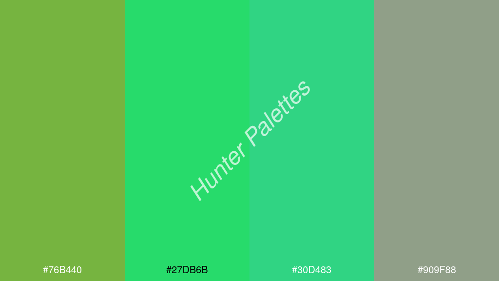 foszforeszkáló zöld szín palettája a következőkkel: #76b440 #27db6b #30d483 #909f88