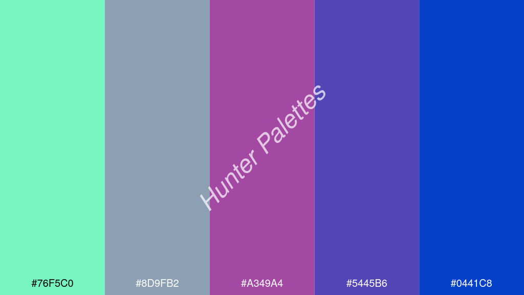 lila szín palettája a következőkkel: #76f5c0 #8d9fb2 #a349a4 #5445b6 #0441c8