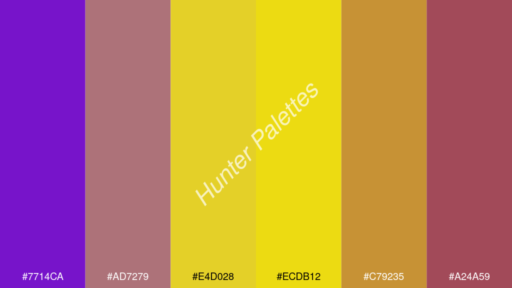 sárga szín palettája a következőkkel: #7714ca #ad7279 #e4d028 #ecdb12 #c79235 #a24a59