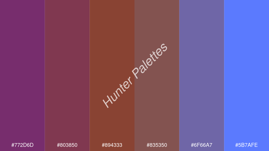 barna szín palettája a következőkkel: #772d6d #803850 #894333 #835350 #6f66a7 #5b7afe