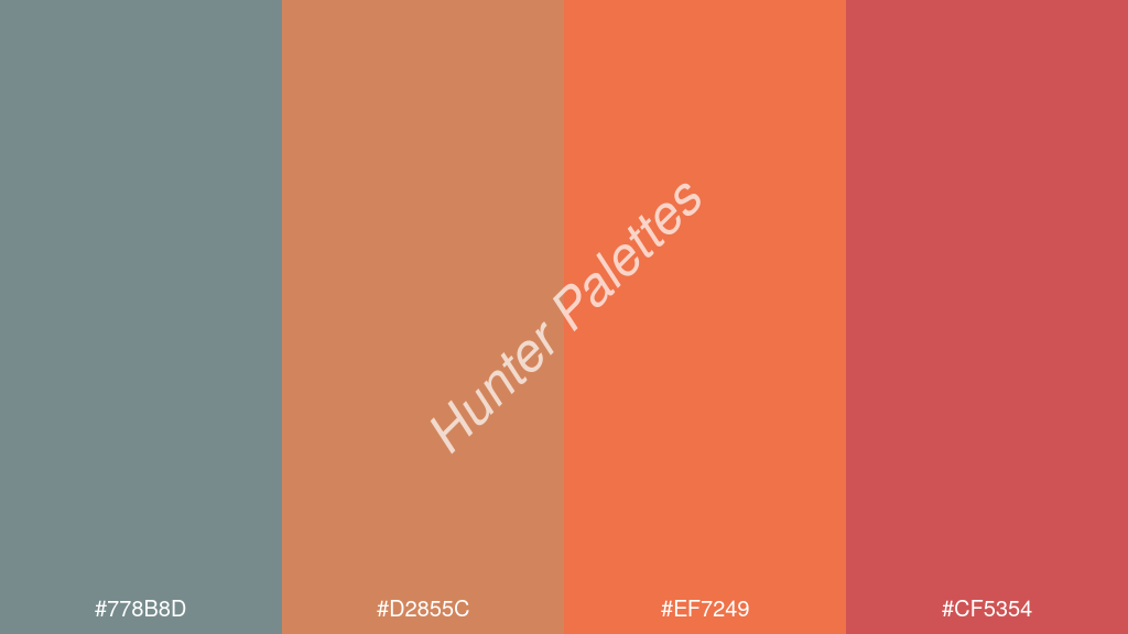 mangó szín palettája a következőkkel: #778b8d #d2855c #ef7249 #cf5354