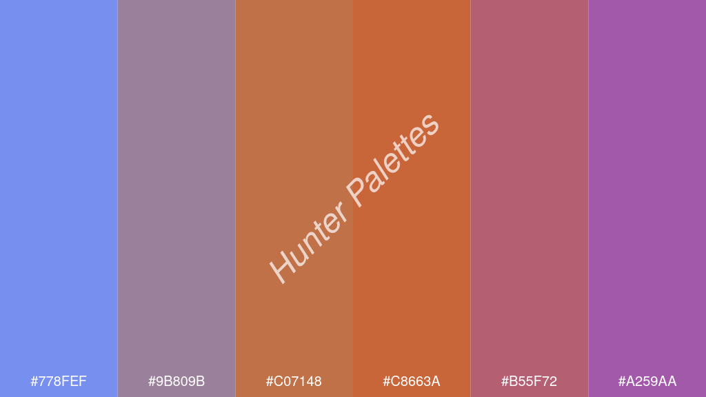 fahéj szín palettája a következőkkel: #778fef #9b809b #c07148 #c8663a #b55f72 #a259aa