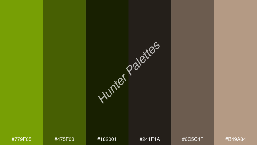 fekete szín palettája a következőkkel: #779f05 #475f03 #182001 #241f1a #6c5c4f #b49a84