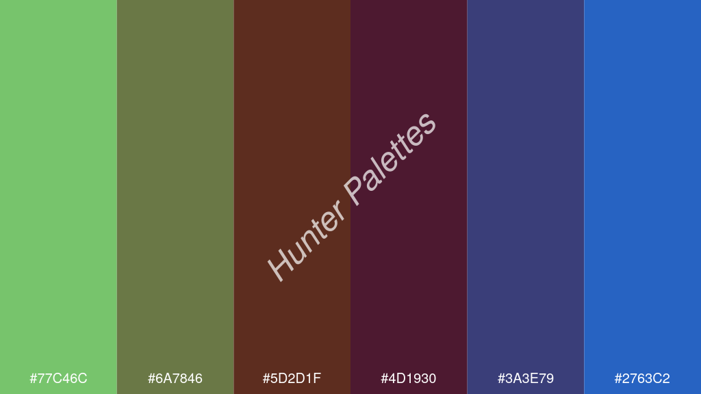 bor szín palettája a következőkkel: #77c46c #6a7846 #5d2d1f #4d1930 #3a3e79 #2763c2