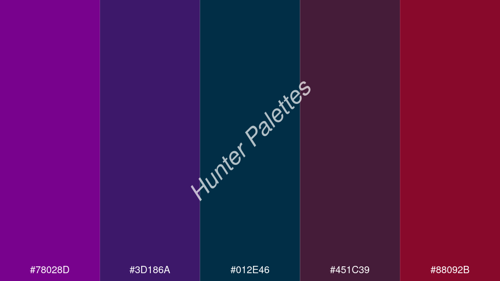 pávakék szín palettája a következőkkel: #78028d #3d186a #012e46 #451c39 #88092b