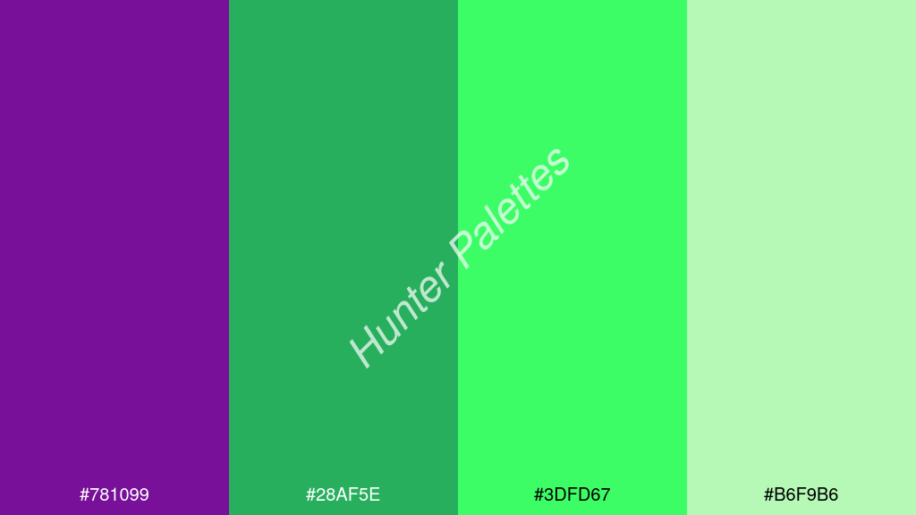 fluoreszkáló zöld szín palettája a következőkkel: #781099 #28af5e #3dfd67 #b6f9b6