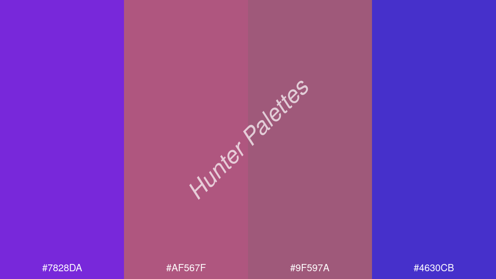 réz szín palettája a következőkkel: #7828da #af567f #9f597a #4630cb