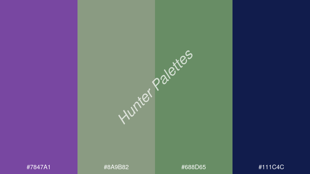 pisztáciazöld szín palettája a következőkkel: #7847a1 #8a9b82 #688d65 #111c4c
