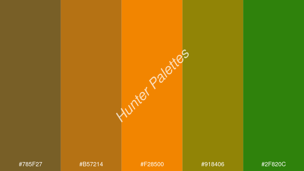 mandarin szín palettája a következőkkel: #785f27 #b57214 #f28500 #918406 #2f820c