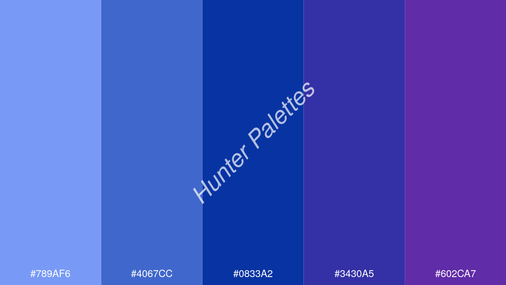 királykék szín palettája a következőkkel: #789af6 #4067cc #0833a2 #3430a5 #602ca7