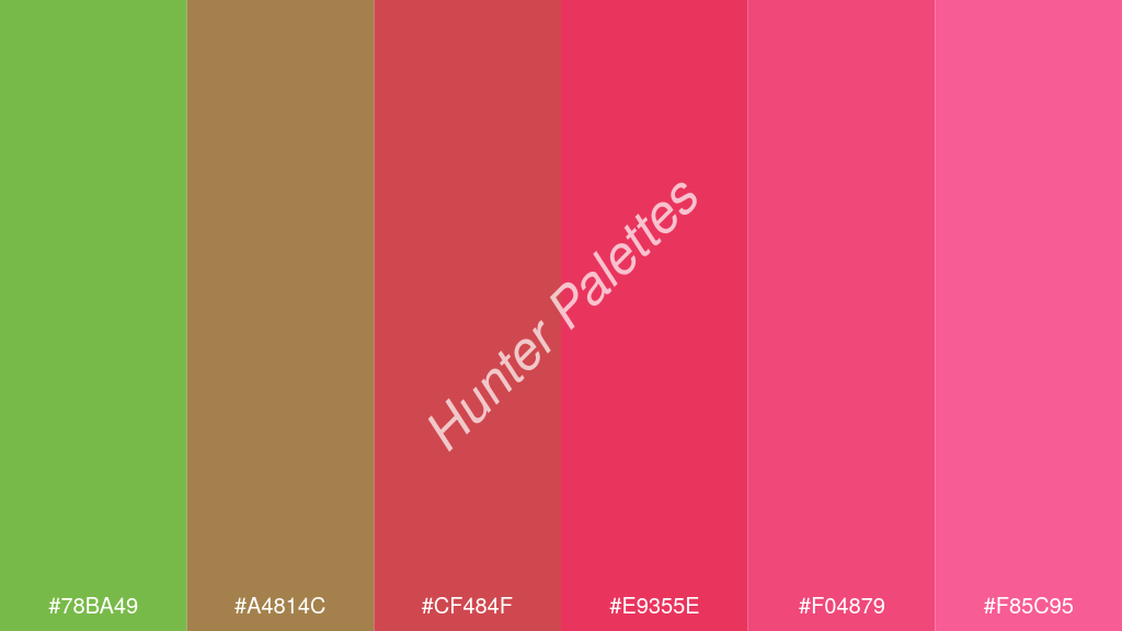 amarant szín palettája a következőkkel: #78ba49 #a4814c #cf484f #e9355e #f04879 #f85c95