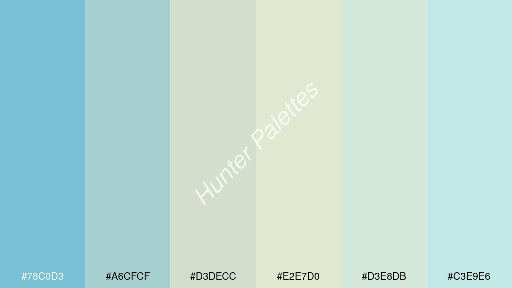 gyöngyház fehér szín palettája a következőkkel: #78c0d3 #a6cfcf #d3decc #e2e7d0 #d3e8db #c3e9e6