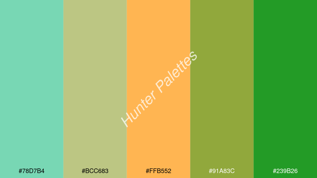 világos narancs szín palettája a következőkkel: #78d7b4 #bcc683 #ffb552 #91a83c #239b26
