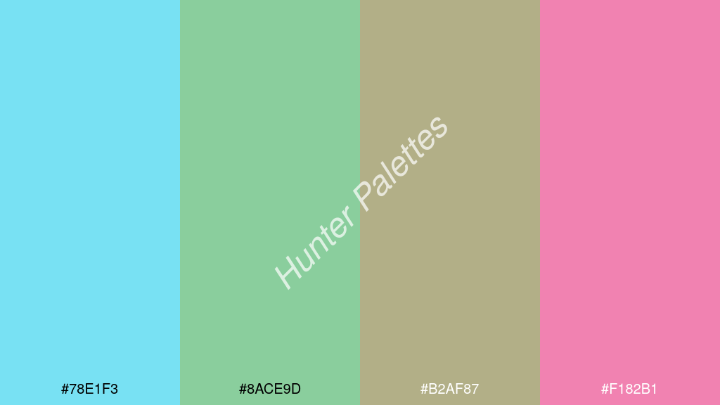 pisztáciazöld szín palettája a következőkkel: #78e1f3 #8ace9d #b2af87 #f182b1