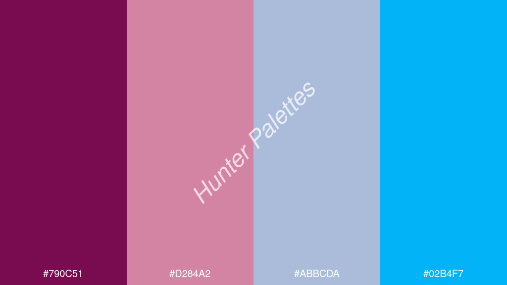 rózsaszín szín palettája a következőkkel: #790c51 #d284a2 #abbcda #02b4f7