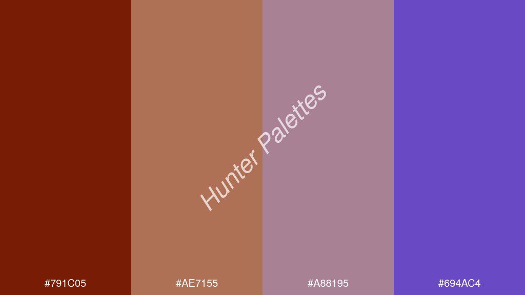 terracotta szín palettája a következőkkel: #791c05 #ae7155 #a88195 #694ac4