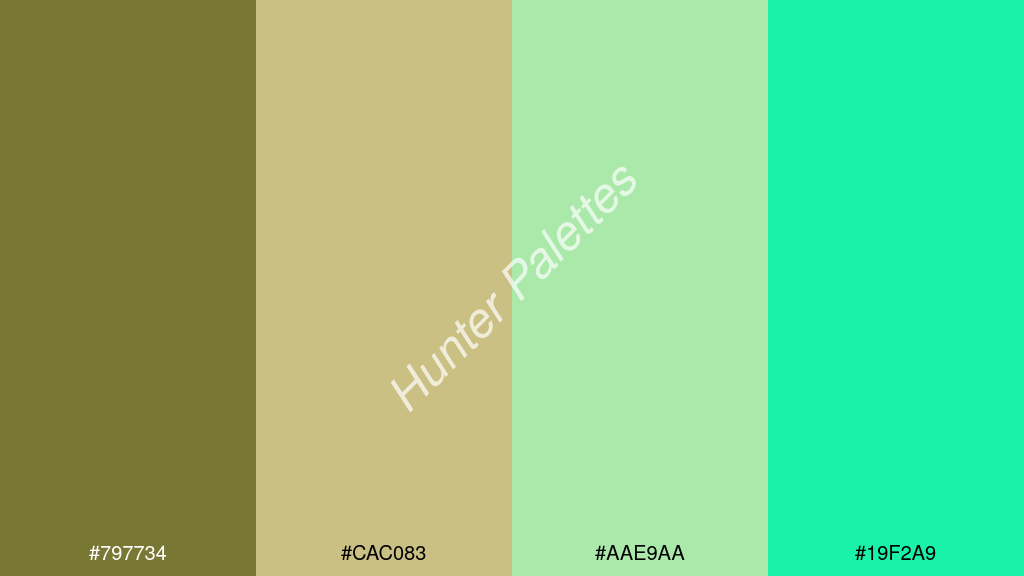 vanília szín palettája a következőkkel: #797734 #cac083 #aae9aa #19f2a9