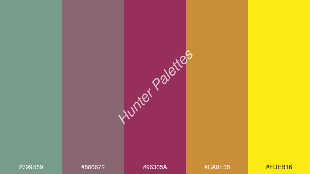 bordó szín palettája a következőkkel: #799b89 #886672 #96305a #ca8e38 #fdeb16