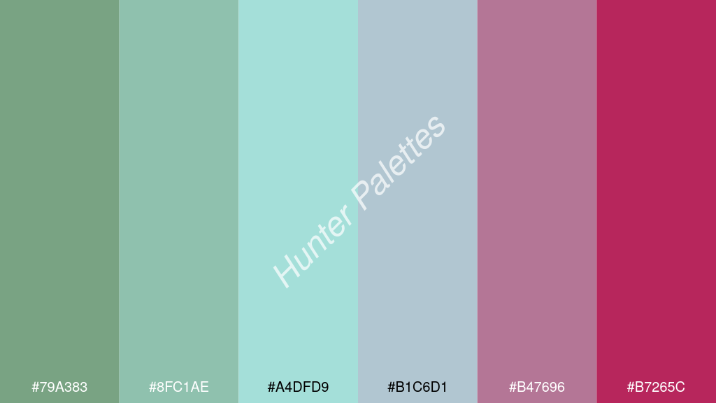 halvány türkiz szín palettája a következőkkel: #79a383 #8fc1ae #a4dfd9 #b1c6d1 #b47696 #b7265c