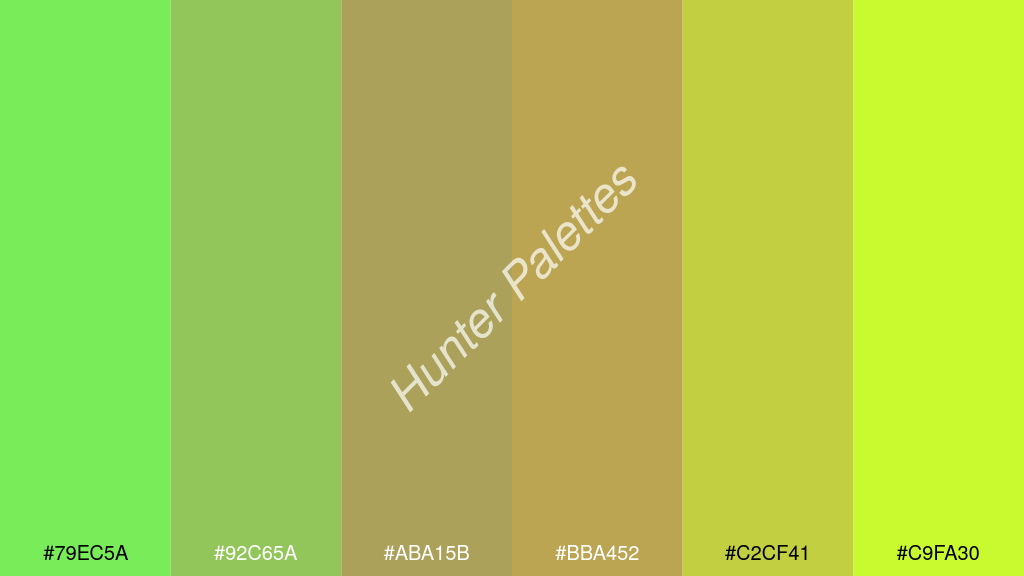 kalua szín palettája a következőkkel: #79ec5a #92c65a #aba15b #bba452 #c2cf41 #c9fa30