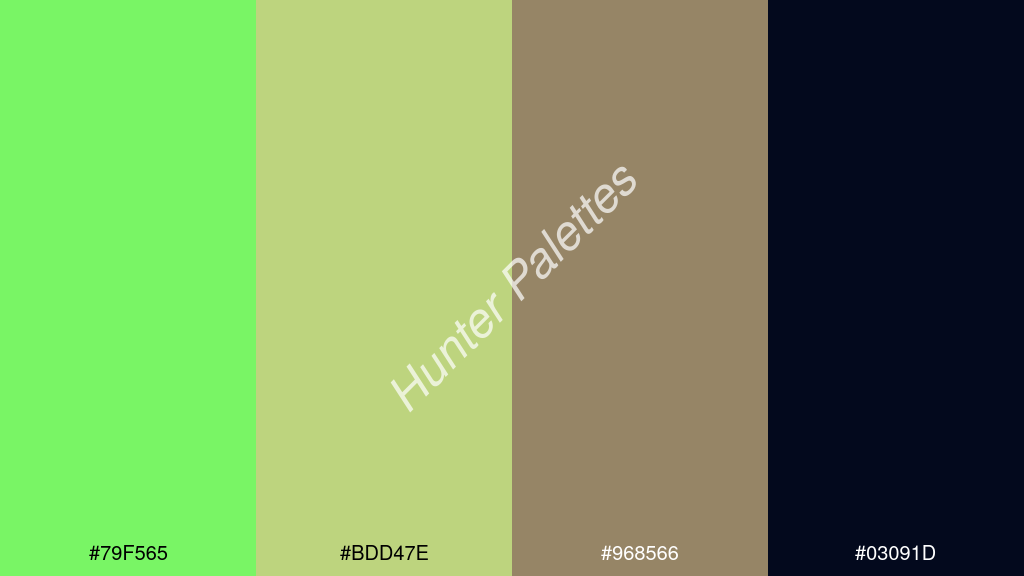khaki szín palettája a következőkkel: #79f565 #bdd47e #968566 #03091d